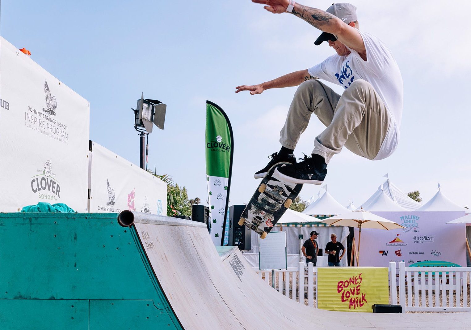 Skateboarder catching air off the ramp at the Johnny Strange Legacy skate contest